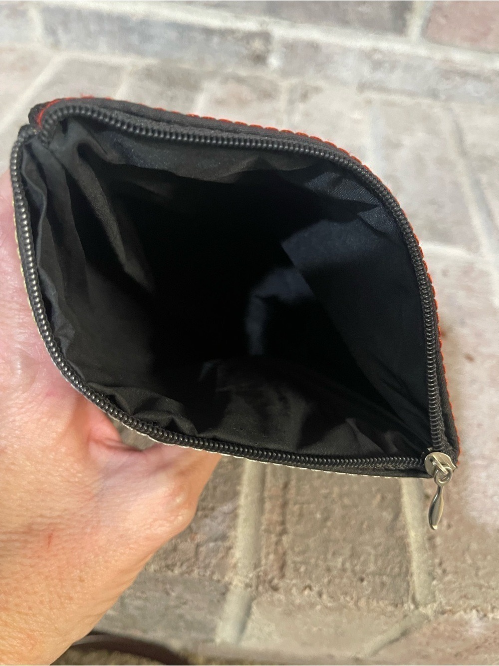 Hand-Embroidered Black Cosmetic Pouch with Green & Red Accents - Picture 9 of 9